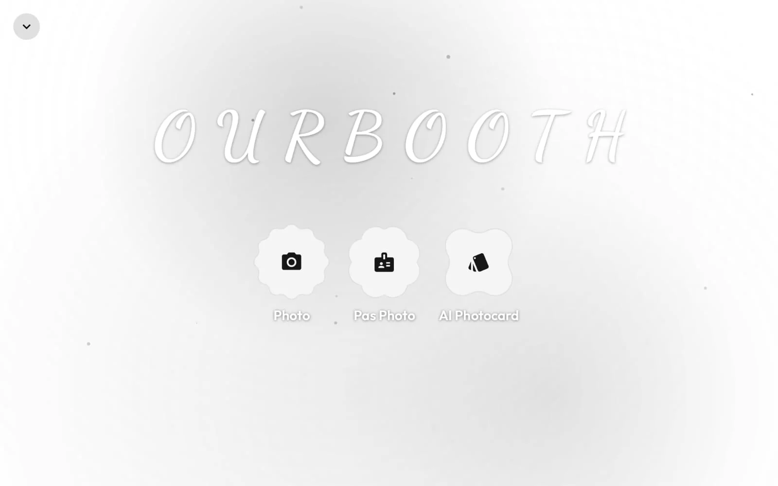Layar utama OurBooth di tablet Android dengan pilihan Photo, Pas Photo, dan AI Photocard.